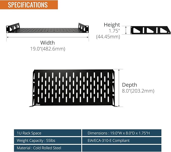 Tecmojo 1U Rack Shelf,19 inch Rack Shelf 8 inch Depth,Rack Mount Shelf with Anti-Slip Stops,Server Rack Shelf and Network Shelf for 19 in Equipments, 55lbs Capacity of Vented 1U Shelf,No Lip(2 Pack)