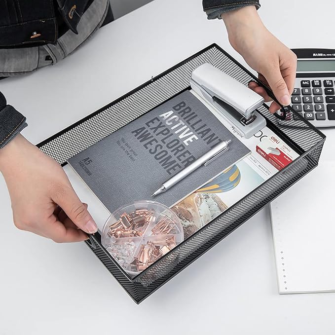 2Pcs Desk Drawer Organizer, Stable Metal Mesh Desk Storage Tray, Versatile Storage Box Set for Office Home Supplies,13 x 9 inches