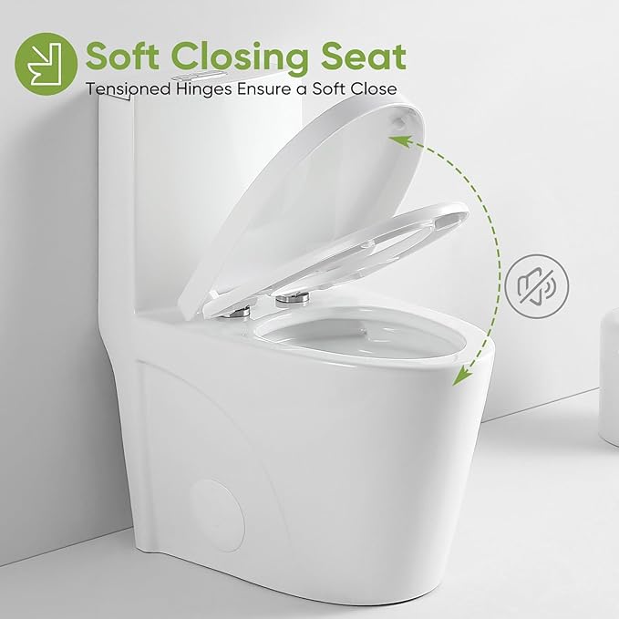 Modern One Piece Elongated Toilet, Dual Flush 1/1.6 GPF, 17" Comfort Height, 15.5" Soft-Close Seat, Quiet & Anti-Clog, Water-Saving, 12" Rough-In, Easy Install (White, 27.17"x15.55"x30.71")