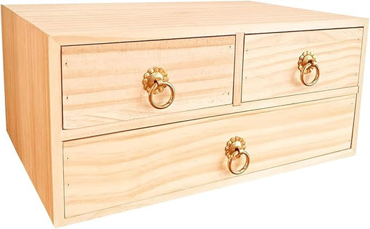 2 Layer Desk Organizer Natural Wooden Storage Box Counter Drawer | Office Desk Organizer Wood Desktop Organizer with Metal Handle 3 Drawer for Desk Accessories Home Office Counter Craft Decor