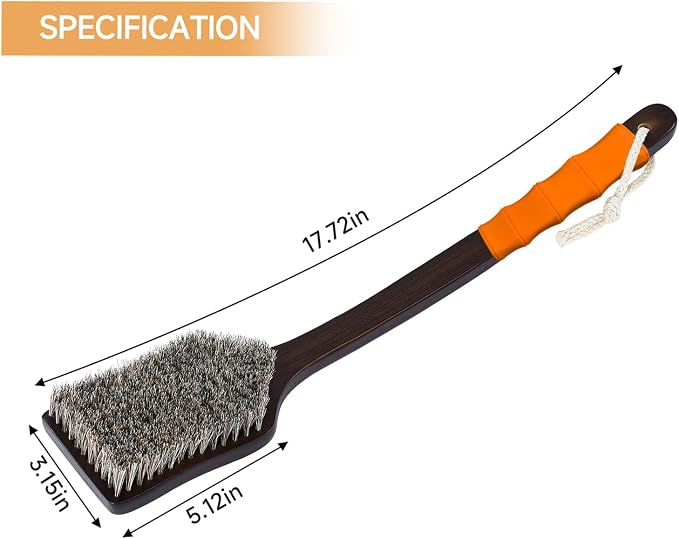 Back Scrubber Shower Brush,Dry Brushing Body Brush with 17.7 Inch Curved Long Handle, Natural Bristles for Lymphatic Drainage, Soft & Stiff Bristles Available (Orange Handle, Medium)