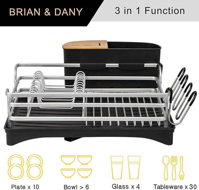 BRIAN & DANY Aluminum Dish Drying Rack, Dish Racks for Kitchen Counter, Dish Drainer with Removable Cutlery Holder & Cup Holder, Unique 360° Swivel Spout Drainboard, 16.5" L x 11.8" W, Silver