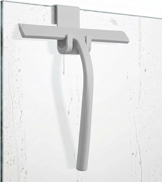 Shower Squeegee for Glass Doors, Mirror Window Tile Scrubber Cleaner with Hook Silicone (Gray)