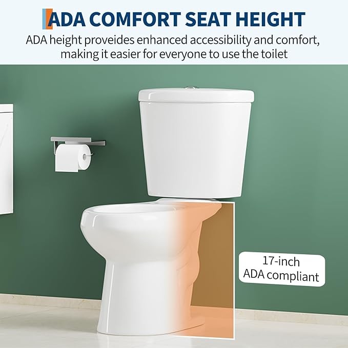 Two Piece Toilet, 17" Elongated with Upgraded Flushing, Dual Flush Buttons (Top Mounted), Includes Hardware (Seat Not Included), White, 12" Rough-in