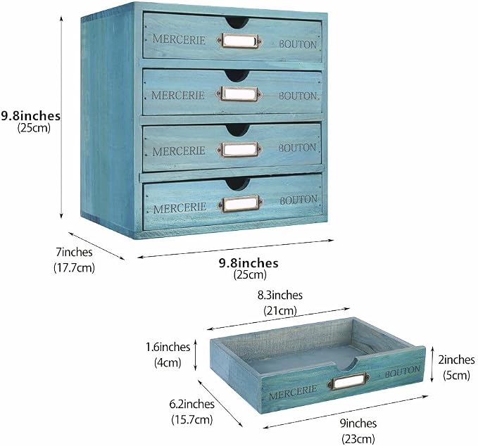 Small Wooden Drawers Wooden Box with Drawer Blue | 4 Drawer Storage Box for Apothecary Cabinet, Apothecary Drawers，Desktop Organizer with Metal Handles for Office，Home