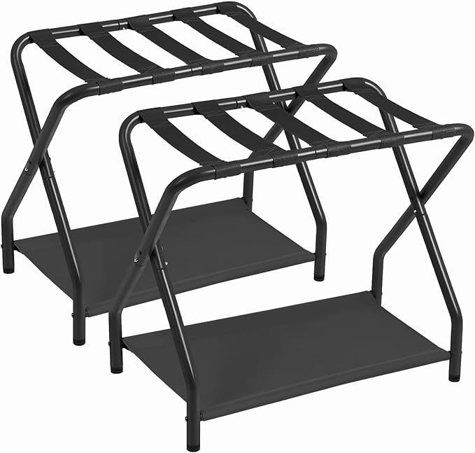 AMHANCIBLE Luggage Rack, Set of 2, Foldable Suitcase Stands for Guest Room | Metal Luggage Holder with Storage Shelf for Bedroom, Hotel, Easy Assemble, Black