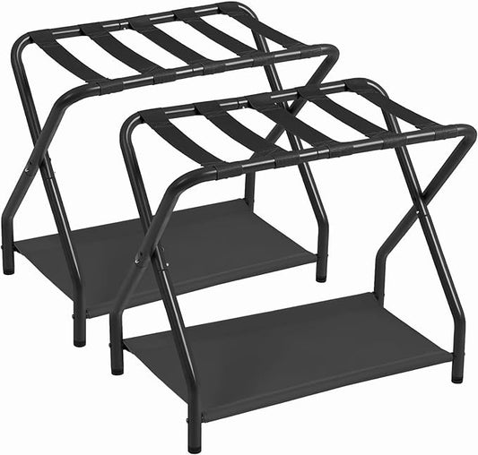 AMHANCIBLE Luggage Rack, Set of 2, Foldable Suitcase Stands for Guest Room | Metal Luggage Holder with Storage Shelf for Bedroom, Hotel, Easy Assemble, Black
