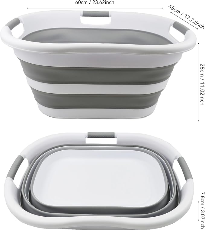 SAMMART 40L (10.5 gallon) Collapsible Plastic Laundry Basket - Foldable Pop Up Storage Container/Organizer - Portable Washing Tub - Space Saving Hamper/Basket (1, White/Grey)