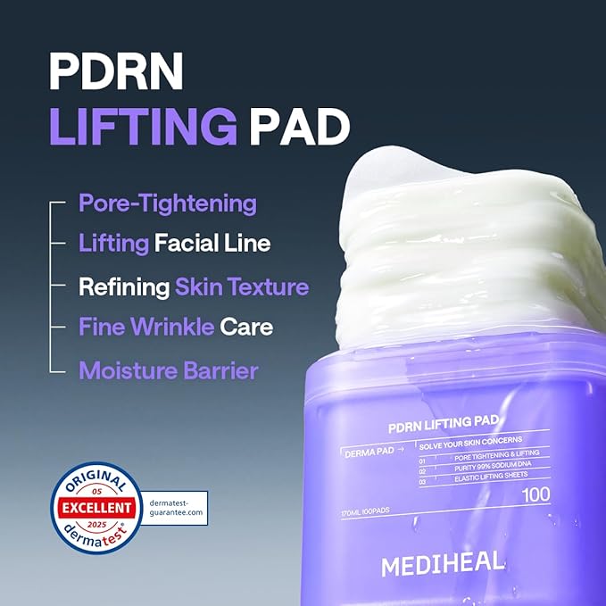 MEDIHEAL PDRN Lifting Toner Pads, Pore & Wrinkle Care (100 Count) | with Niacinamide, Glutathione | Pore Minimizing, Firming, Skin Renewal | Stretchable Pads | Korean Derma Toner Pads