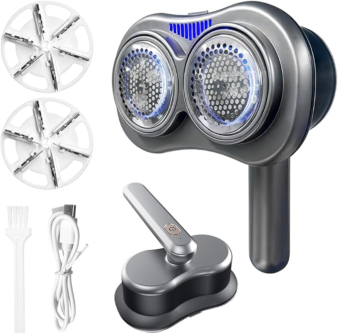 Fabric Shaver and Lint Remover, Sweater Defuzzer with 2 Double Shaving Head, 2 Replaceable Blades, Headle Rotation 90°，Battery Operated, Remove Clothes Fuzz, Lint Balls, Pills, Bobbles Gray