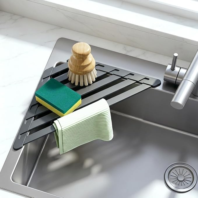 Sink Corner Drying Rack - Foldable Triangular Sink Sponge Holder, Dish Drying Rack Over the Sink, Kitchen Sink Accessories (Grey, 13.78" x 7.87")