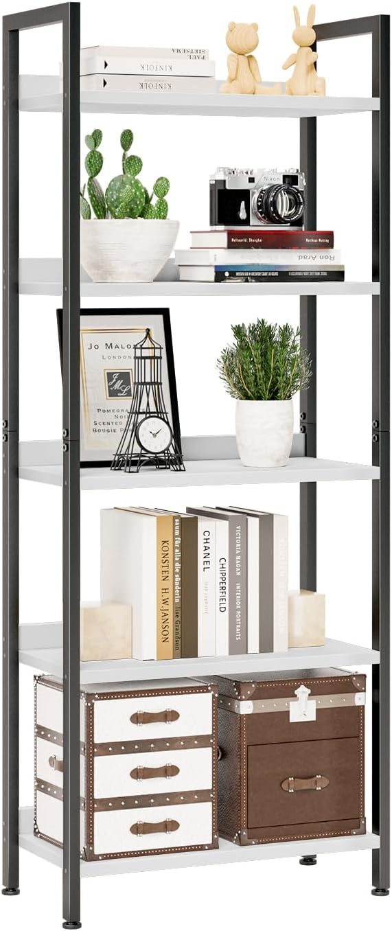 NUMENN Bookshelf, 5 Tier Freestanding Shelving Unit, White&Black | Metal Frame & Wood Shelves, Falling Prevention Baffle, Open Storage Bookcase for Bedroom, Living Room & Home Office