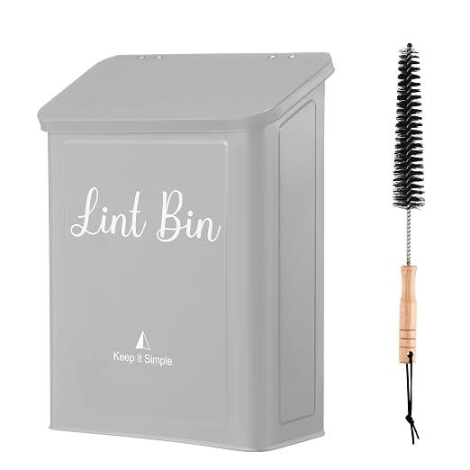 Magnetic Lint Bin for Laundry Room Organization and Storage,Light Grey | Wall Mounted Metal Lint Box Holder Trash Can with Lid for Dryer,Lint Basket for Laundry Room Decor