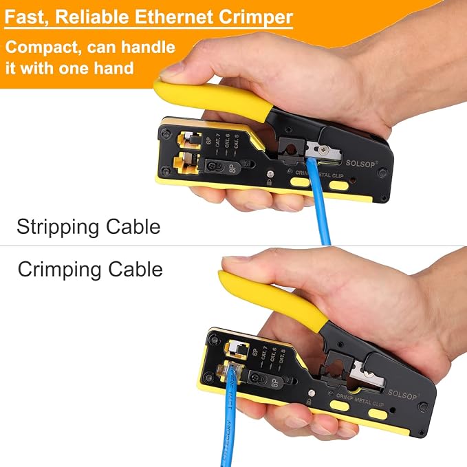 Solsop Pass Through RJ45 Crimp Tool Kit All-in-One Ethernet Crimper | Cat7 Cat6 Cat5 Crimping Tool with Network Cable Tester, 50-Pack Cat6 RJ45 Pass Through Connector, 50-Pack Connector Boots