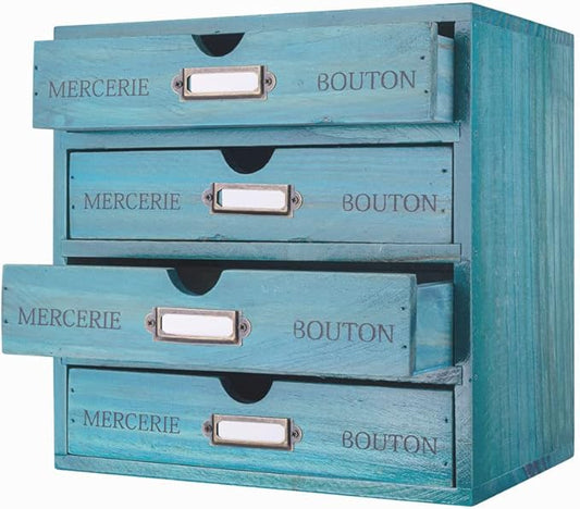 Small Wooden Drawers Wooden Box with Drawer Blue | 4 Drawer Storage Box for Apothecary Cabinet, Apothecary Drawers，Desktop Organizer with Metal Handles for Office，Home