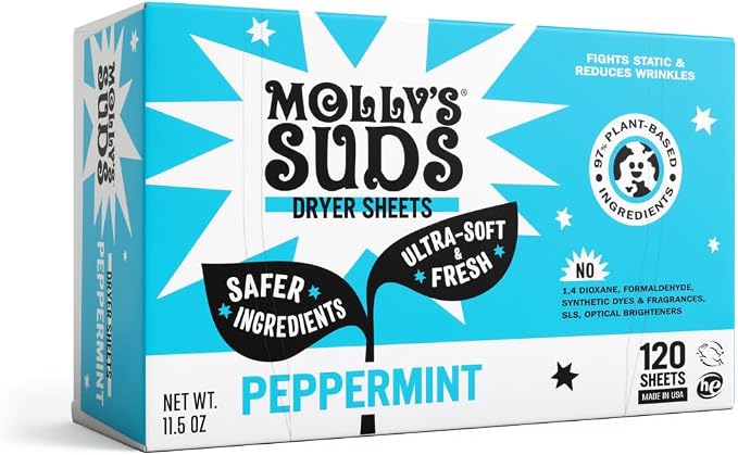 Molly's Suds Fabric Softener Dryer Sheets for Sensitive Skin | Plant-Based Static Reducer, Plastic-Free Packaging | Peppermint (120 Sheets)