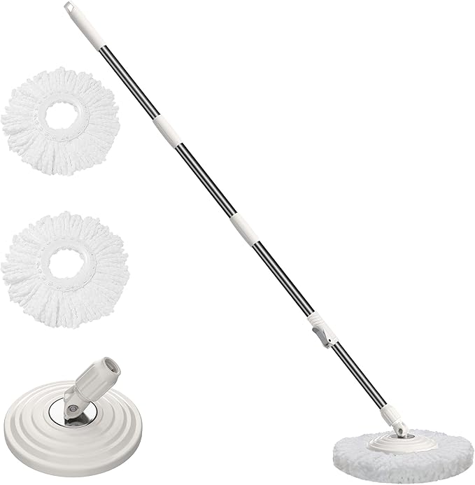 Stainless Steel Extendable Mop Handle with 2 Microfiber Replacement Heads & 360° Rotating Base Plate — Fits Standard Mop Buckets -White