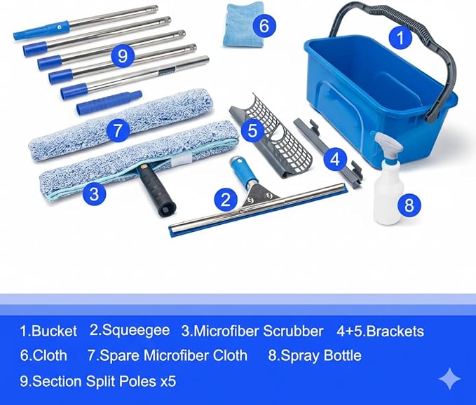 Window Cleaning Kit with 6ft Long Handle, 3 Gallon Bucket,14" Squeegee,15" Microfiber Scrubber,Spray Bottle, Cloth,Professional Window Washing Equipment Cleaner Tool for Outdoor Commercial Household