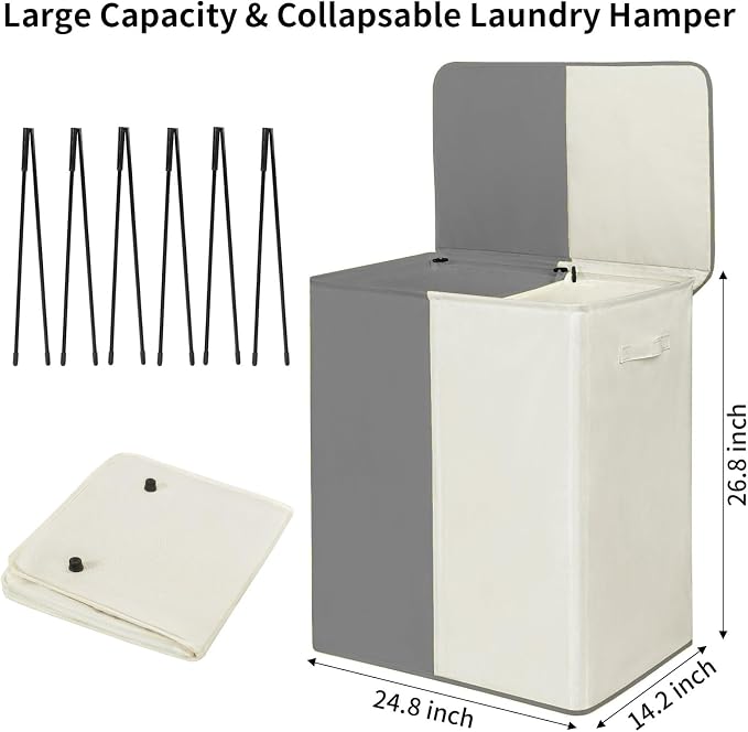 WOWLIVE Double Laundry Hamper with Lid, 154L Large Laundry Basket Organizer | Collapsible Dirty Clothes Hamper 2 Section, with Removable Laundry Bags for Laundry Room, College Dorm, Grey and Beige