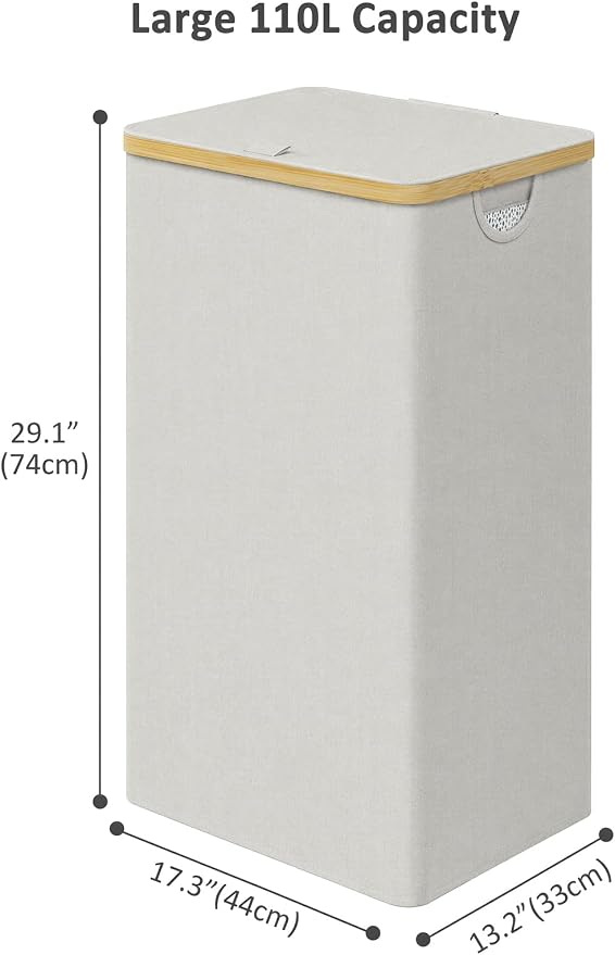IEGrow Laundry Hamper with Lid,110L Laundry Basket with Bag,Light Grey | Dirty Clothes Hamper Basket with Bamboo Handle for Clothes Towels Organization