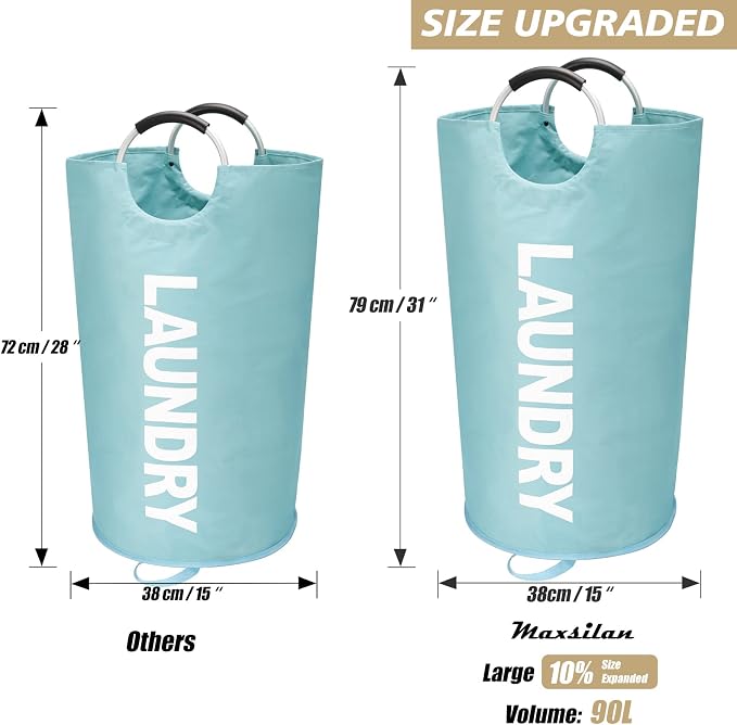 Maxsilan 90L Large Laundry Basket Bag, Collapsible Tall Hamper, Light Blue | Freestanding tall laundry bag & foldable washing basket. Extra large clothes storage bin with durable sturdy handles
