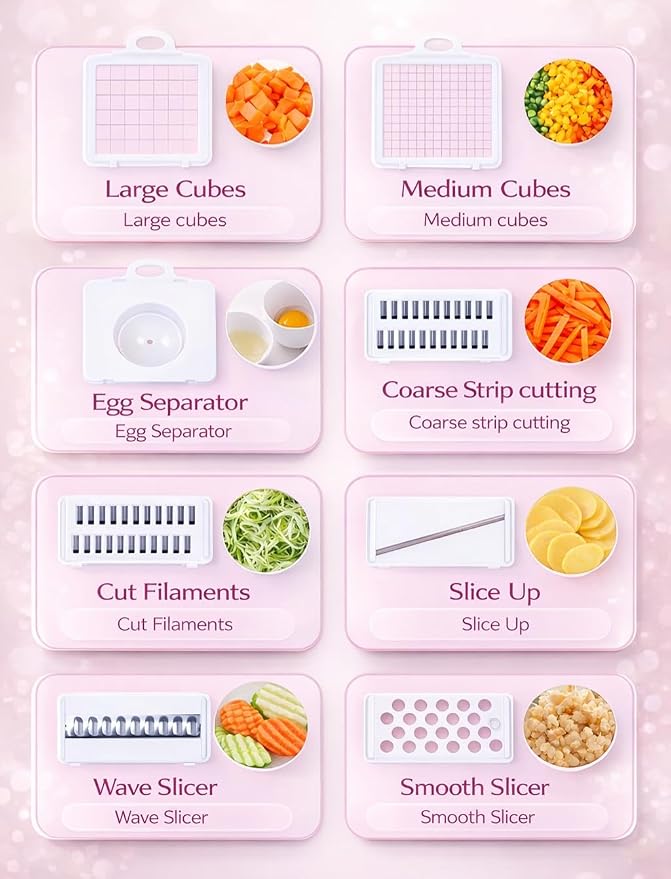 16-in-1 Vegetable Chopper & Mandoline Slicer with Container, Food Chopper, Onion Dicer, Cheese Grater, Vegetable Cutter for Potato, Carrot, Cucumber, Garlic, Meal Prep, Pink