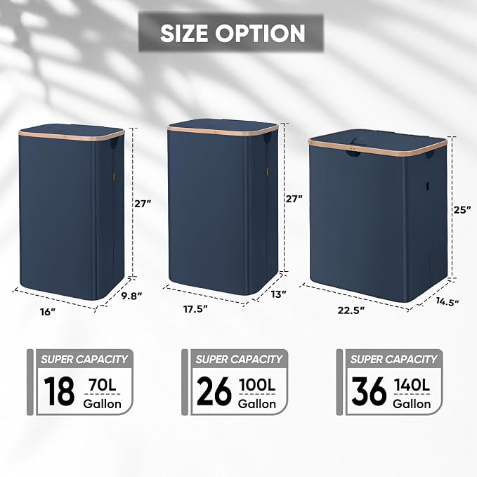 BALEINE Laundry Hamper with Lid, Tall Laundry Baskets with Bamboo Pull Handles, Large Laundry Bin with Internal Support (18 Gal/70L, Blue)