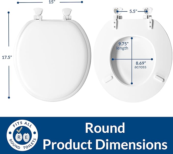 Mayfair Padded Toilet Seat, Cushioned Soft Vinyl over Wood Core Seat, Secure Hinges, Easy Clean, Made in USA, Round, White (Pack of 2)