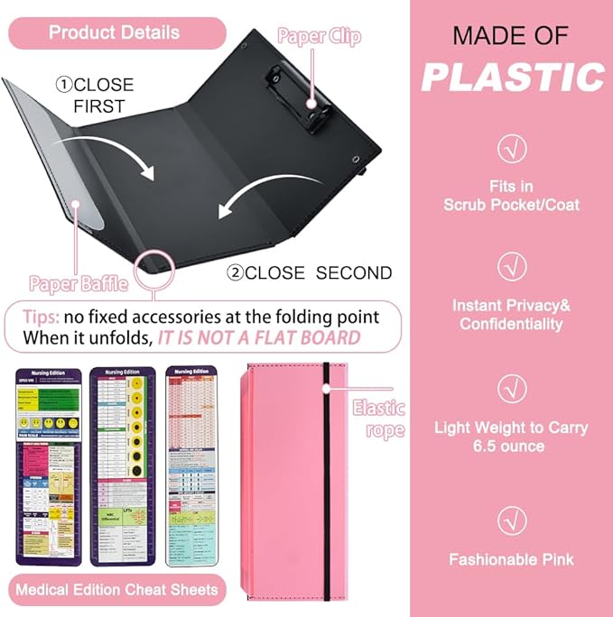 Vuzvuv Pink Foldable Nursing Clipboard Nurse Clip Board-1pcs 3 Layers | Sturdy Lightweight Plastic, Fits Pockets/Bags, Built-In Medical Cheat Sheets, for Nurses, Doctors, Medical Students