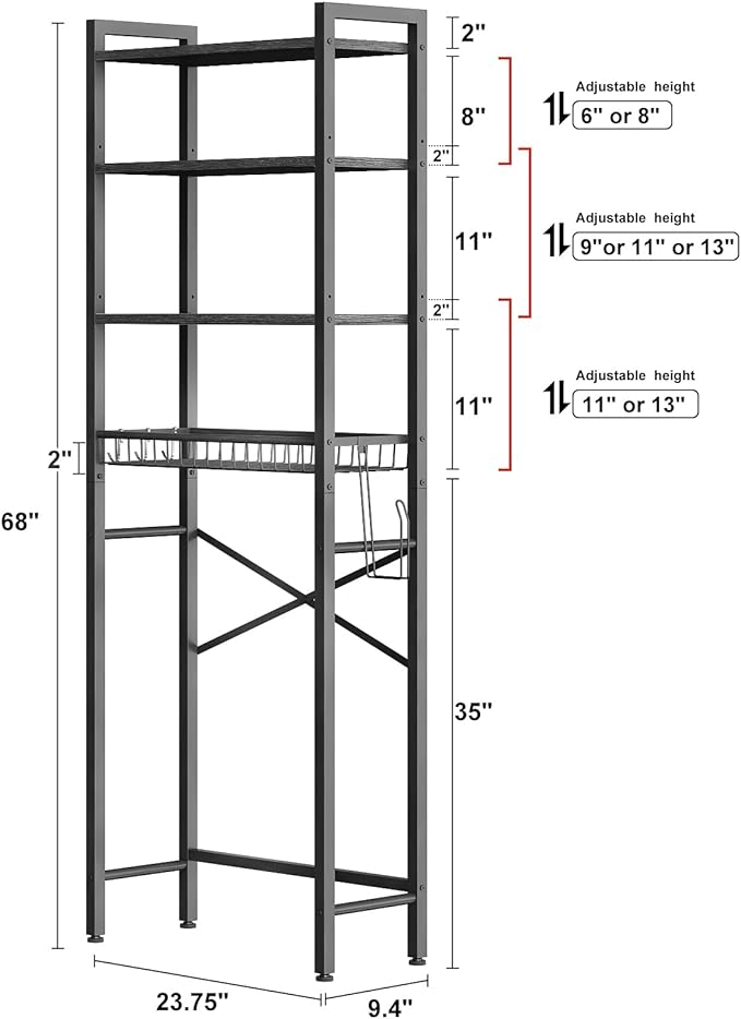 Kalrin Over-The-Toilet Storage Rack, 4-Tier Bathroom Organizer Shelf Over Toilet with Adjustable Shelf and Basket, Freestanding Space Saver Bathroom Shelves Above Toilet for Room (Pure Black)