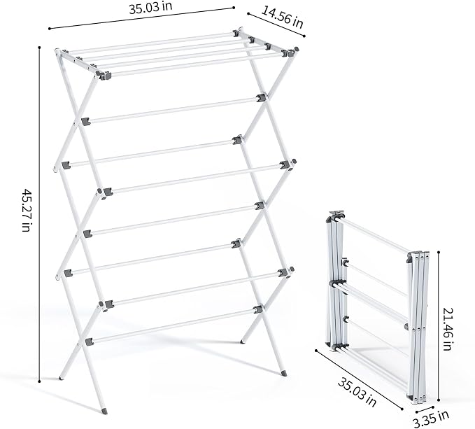 Clothes Drying Rack Foldable, Laundry Drying Rack 3 Tier, Foldable Metal Clothing Dryer for Cloth Towel Shirt, Collapsible Clothe Horse Compact Storage, Clothes Airer Indoor Outdoor, White