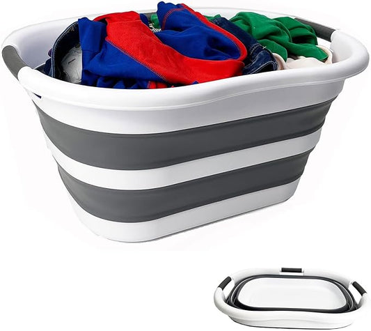 SAMMART 40L (10.5 gallon) Plastic Foldable Laundry Basket/Tub - Collapsible, Space Saving and Portable Laundry Hamper, Ideal for Home, Travel, Dorm, and Camping (1, White/Steel Gray)