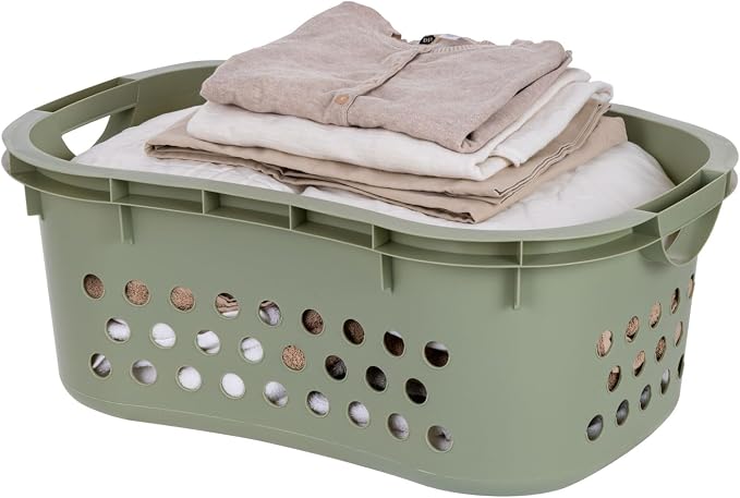 IRIS USA Plastic Laundry Basket 1.5 Bushel (50L), Built-In Handles, Green | Clothes Hamper with Ventilation Holes, Reinforced Rim, Hip Hold Design, Large capacity