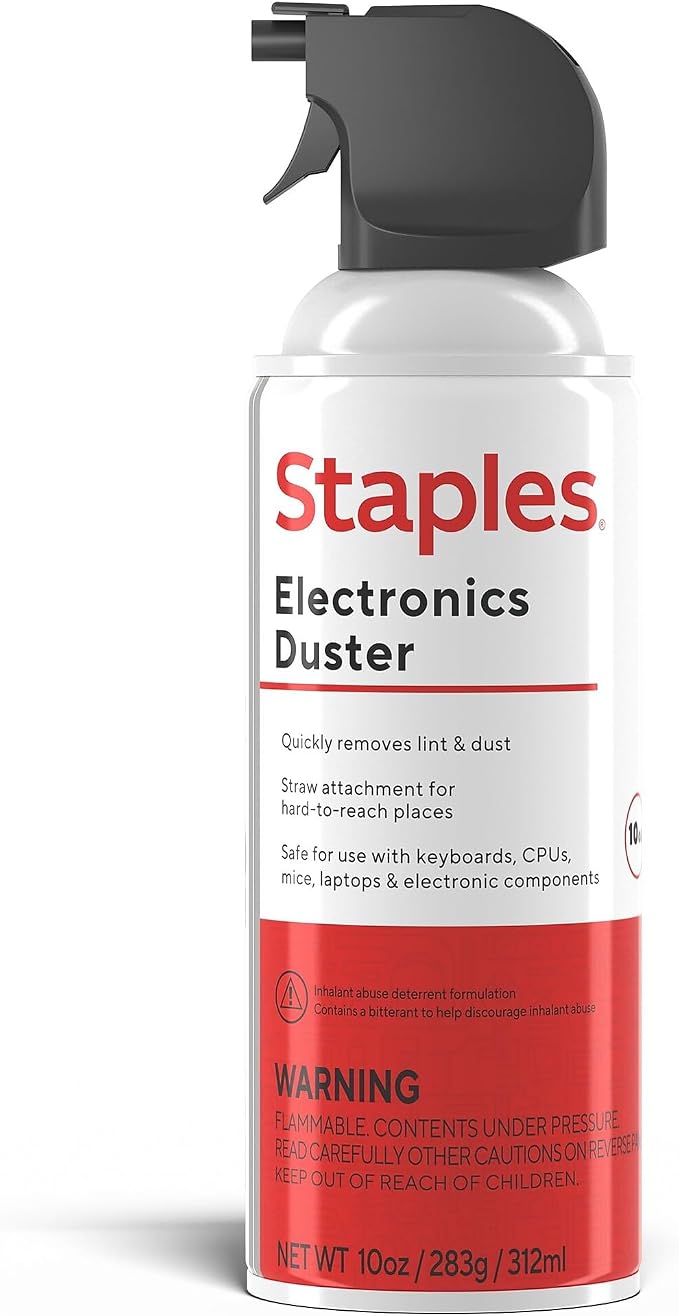 Staples Compressed Air Duster – 10 oz. Can for Electronics, Keyboards & Office Devices | Blasts away dust and debris from laptops, vents, and hard-to-reach office equipment.