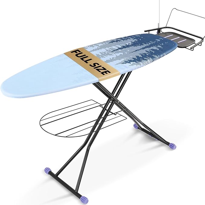 KINGBOARD Foldable Ironing Board Full Size, Iron and Ironing Board Set Large Size, Iron Boards with Ironrest & Adjustable Height,Heavy Duty Iron Table Stand with Metal Legs &Thick Cover,18×51 Purple