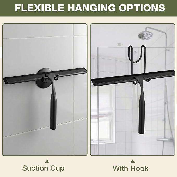 FARMER Shower Squeegee for Glass Doors, 10-Inch Glass Squeegee for Windows, Car Glass and Mirrors, Multi-Purpose Stainless Steel Squeegee with Suction Wall Hook and Over Door Hook, Black