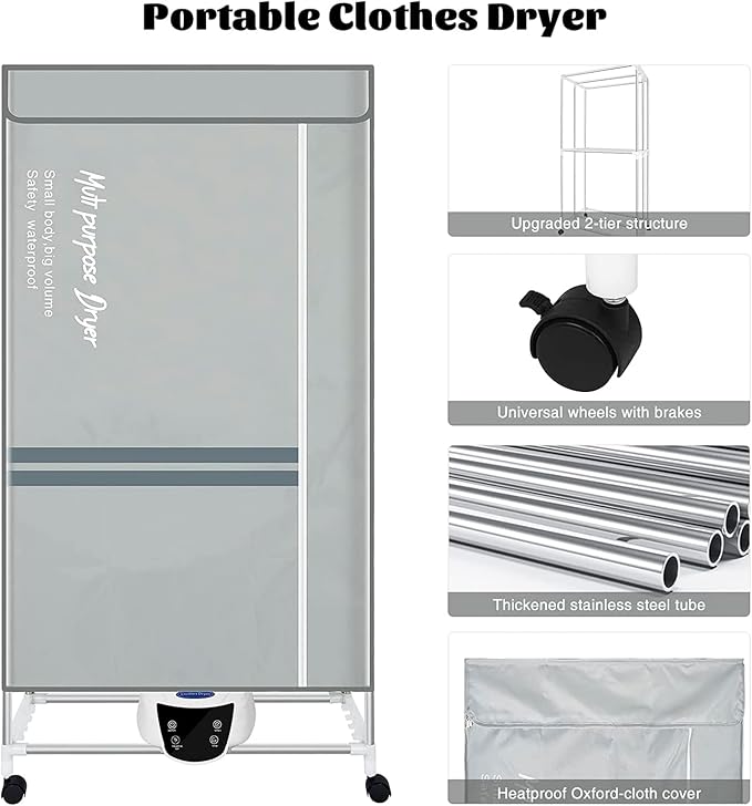 Electric Clothes Dryer with Remote Control and Timer, 1300W Large Capacity 2-Tier Heated Clothes Airer with Cover, Indoor Foldable Electric Clothes Airer Drying Rack, Overheat Protection,Grey