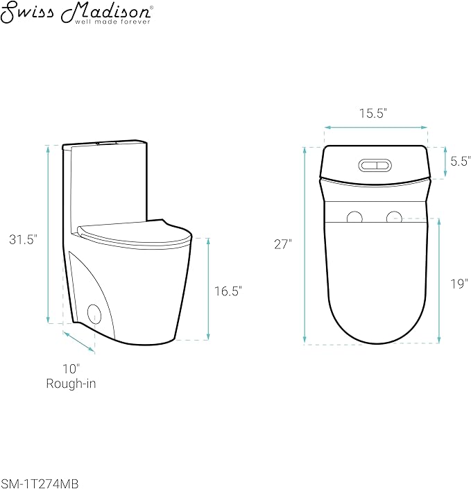 St. Tropez One Piece Elongated Toilet Dual Vortex Flush 1.1/1.6 gpf with 10" Rough-In, Matte Black