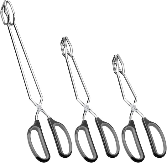 HINMAY Stainless Steel Scissor Tongs Cooking Tongs Set, Set of 3 (Black Handle, 10" 12" 16")