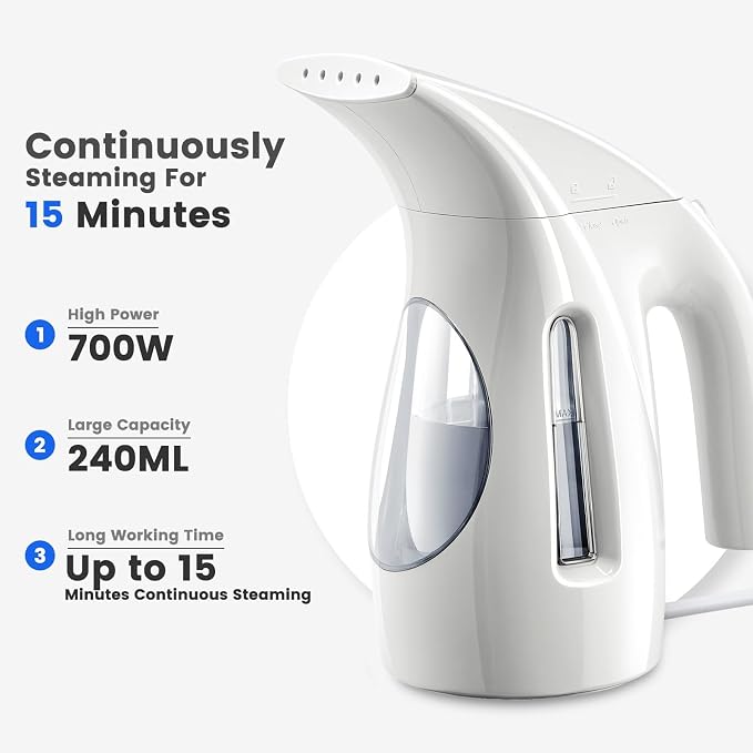HiLIFE Steamer for Clothes, Handheld Garment Steamer, 240ml Big Capacity, 700W, Strong Power, Fabric Quick Wrinkle Remover with Brush for Home, Office(ONLY 120V)-White