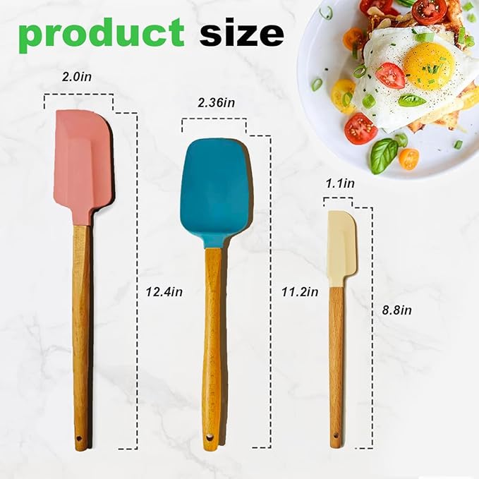 3PCS Heat Resistant Silicone Spatula Set, Silicone Spatula with Wooden Handle, Silicone Spatula Wooden Handle, Spatulas Silicone Heat Resistant Wood, Rubber Spatula for Baking Non-Stick Cooking Mixing