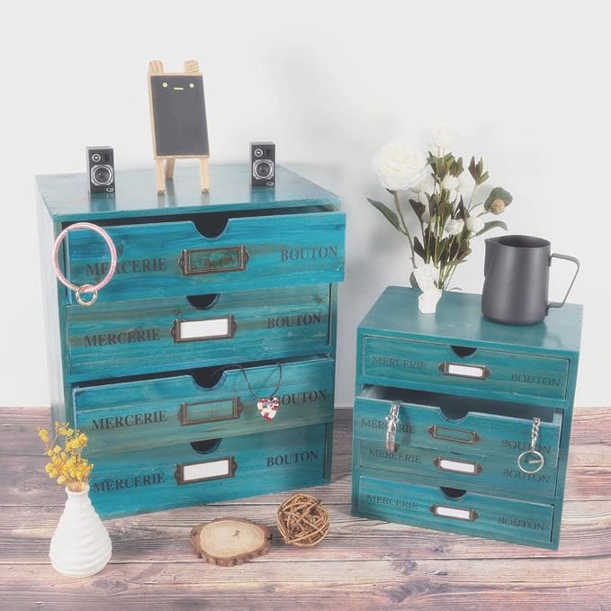 Large Wooden Drawers Wooden Box with Drawer Blue | 4 Drawer Storage Box for Apothecary Cabinet, Apothecary Drawers，Desktop Organizer with Metal Handles for Office，Home