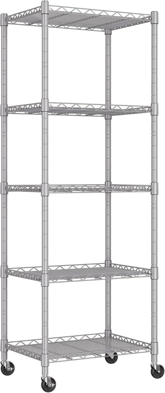 REGILLER 5-Wire Shelving Metal Storage Rack Adjustable Shelves,Standing Storage Shelf Units for Laundry Bathroom Kitchen Pantry Closet(Silver,11.8" D x 16.6" W x 53.5" H,With Wheels)