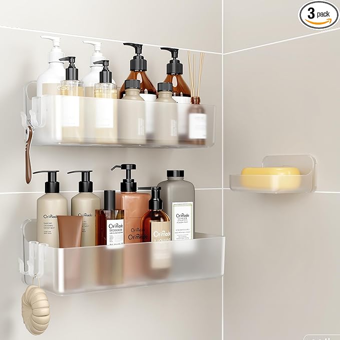 Orimade Shower Caddy 3-Pack, No-Drill Adhesive Shelves for Bathroom, Rustproof ABS Storage Organizer Set, Clear