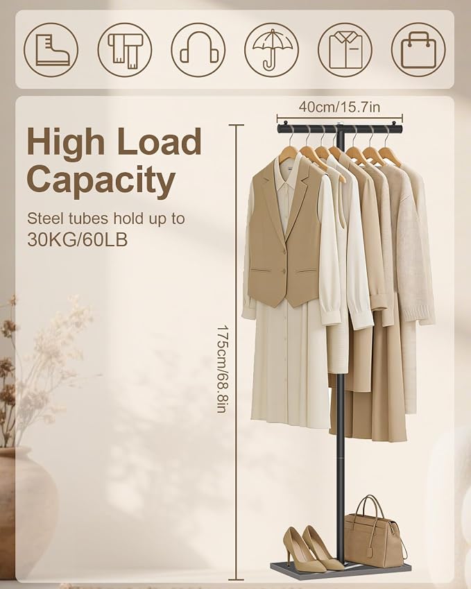 T-shaped Coat Rack Freestanding, Metal Hanger, Black, 68.9 In High | Modern Clothing Rack for Hanging Clothes, with Rock Slab Base, Heavy-duty Metal Garment Rack for Bedroom, Office and Hallway