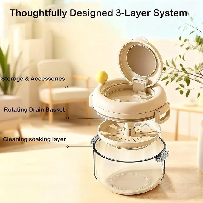 Denture Bath Cup，Retainer Cleaner Case Box,Night Mouth Guard Case Holder,Storage Soak Container with Drain Tray for Travel Cleaning with Mirror and Brush (Beige)