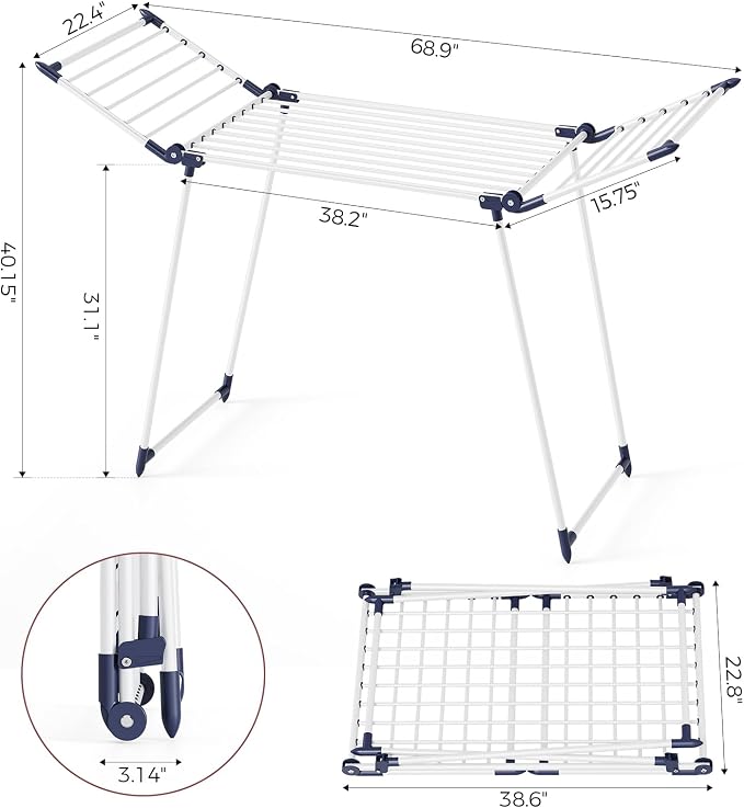 APEXCHASER Clothes Drying Rack, Large Capacity Drying Rack, 69" L, White | No Assembly, 69" X 22.4" X 40", 37lbs Hold, Foldable Drying Rack Clothing, Sturdy Metal Frame, Laundry, Indoor & Outdoor Use