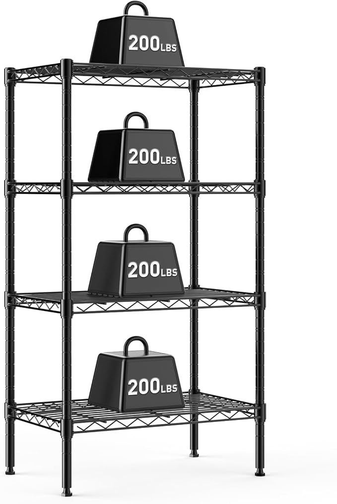 NEWBULIG 4-Tier Metal Wire Storage Shelves, Adjustable Heavy Duty Steel Shelving Unit, Freestanding Storage Rack Organizer for Kitchen, Pantry, Garage, Bathroom, 23.2" W x 13.4" D x 47.2" H, Black
