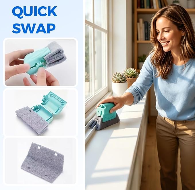 Window Track Cleaning Brush, 2-in-1 Groove Cleaning Tool with 3 Replaceable Pads, Multifunctional Gap Brush for Window Sills Sliding Door Tracks Corners, Household Dust Removal Cleaning Kit