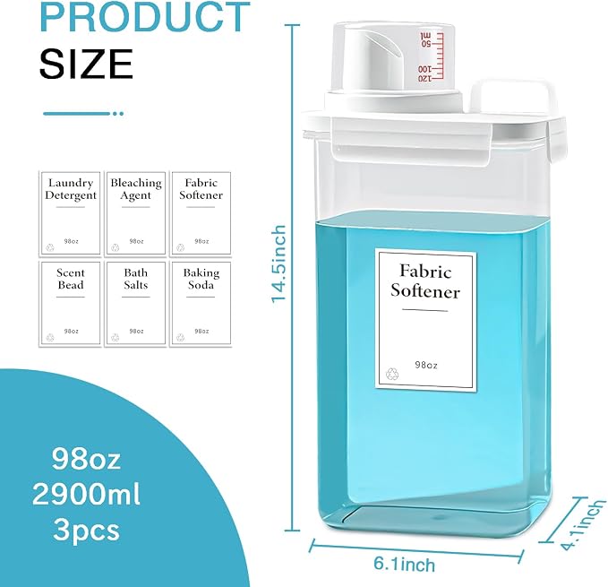 3 Pack Laundry Detergent Dispenser, 98oz Detergent Dispenser, Refluxable Laundry Detergent Container, Plastic Liquid Laundry Detergent Dispenser for Laundry Room Organization with 6 Labels